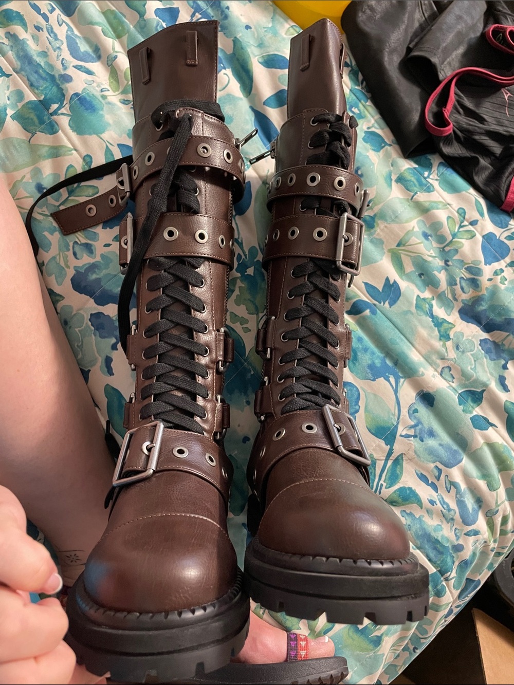 Women’s Brown Lace-Up Buckle Combat Boots with Lug Sole